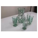 Green Glass Pitcher with Palm Tree Etching & 4 Matching Glasses Green Glass Pitcher with Palm Tree Etching & 4 Matching Glasses