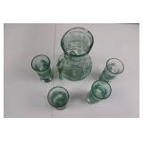 Green Glass Pitcher with Palm Tree Etching & 4 Matching Glasses Green Glass Pitcher with Palm Tree Etching & 4 Matching Glasses