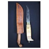 Knife - Bone-Handled with Leather Sheath, Engraved Pattern Knife - Bone-Handled with Leather Sheath, Engraved Pattern
