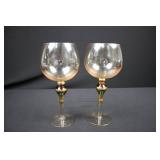 Glass Goblets - Pair With Gold-Tone Stems & Colored Inlays Glass Goblets - Pair With Gold-Tone Stems & Colored Inlays