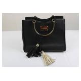 Bebe Los Angeles Handbag - Black Pebbled Leather with Gold Ring Handles & Tassels Bebe Los Angeles Handbag - Black Pebbled Leather with Gold Ring Handles & Tassels