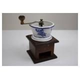 Blue & White Ceramic Coffee Grinder on Wooden Stand - Hand Crank Blue & White Ceramic Coffee Grinder on Wooden Stand - Hand Crank
