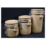 Wooden Ceramic Canisters with Clamp Lids - 3-Piece Set (Made in China) Wooden Ceramic Canisters with Clamp Lids - 3-Piece Set (Made in China)