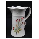 White Ceramic Pitcher with Red Berry Hand-Painted Motif, Scalloped Rim White Ceramic Pitcher with Red Berry Hand-Painted Motif, Scalloped Rim