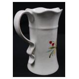 White Ceramic Pitcher with Red Berry Hand-Painted Motif, Scalloped Rim White Ceramic Pitcher with Red Berry Hand-Painted Motif, Scalloped Rim