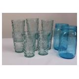 Ball Blue Wide Mouth Mason Jars (2) & 6 Pressed Glass Tumblers Ball Blue Wide Mouth Mason Jars (2) & 6 Pressed Glass Tumblers