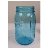 Ball Blue Wide Mouth Mason Jars (2) & 6 Pressed Glass Tumblers Ball Blue Wide Mouth Mason Jars (2) & 6 Pressed Glass Tumblers