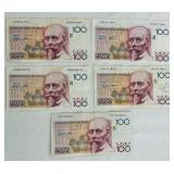 Belgian 100 Franc Banknotes (Cent Francs) - Lot of 5 Belgian 100 Franc Banknotes (Cent Francs) - Lot of 5