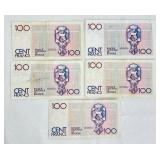 Belgian 100 Franc Banknotes (Cent Francs) - Lot of 5 Belgian 100 Franc Banknotes (Cent Francs) - Lot of 5
