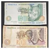 South African Rand Banknotes - 10 Rand & 20 Rand (Lot of 2) South African Rand Banknotes - 10 Rand & 20 Rand (Lot of 2)