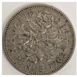 UK Sixpences 1958, 1962, 1963 & Canada 1938 Dime - 4 Coins UK Sixpences 1958, 1962, 1963 & Canada 1938 Dime - 4 Coins