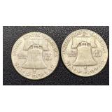 Two 1950 Benjamin Franklin Half Dollars - 90% Silver, Denver (D) Mint Mark Two 1950 Benjamin Franklin Half Dollars - 90% Silver, Denver (D) Mint Mark