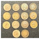 Indian Head Cents - 14 Circulated Coins, Dates Vary (1897-1908) Indian Head Cents - 14 Circulated Coins, Dates Vary (1897-1908)