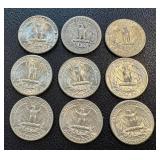 Washington Quarters - 9 Circulated Coins (Dates 1942, 1962, 1964) Washington Quarters - 9 Circulated Coins (Dates 1942, 1962, 1964)
