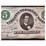 Antique Virginia Treasury Note - Five Dollars, March 13, 1862 Antique Virginia Treasury Note - Five Dollars, March 13, 1862