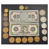 Banco de Mexico 5 Peso Banknotes & 20 Centavos Coins (Mexico 1960s-70s) Banco de Mexico 5 Peso Banknotes & 20 Centavos Coins (Mexico 1960s-70s)