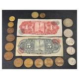 Banco de Mexico 5 Peso Banknotes & 20 Centavos Coins (Mexico 1960s-70s) Banco de Mexico 5 Peso Banknotes & 20 Centavos Coins (Mexico 1960s-70s)