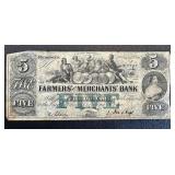 Farmers and Merchants Bank of Memphis Banknote - $5 May 1854 (Antique Tennessee) Farmers and Merchants Bank of Memphis Banknote - $5 May 1854 (Antique Tennessee)