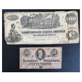 Confederate States of America $100 Note Richmond 1864 & 50 Cents Note Richmond 1864 (Lot of 2) Confederate States of America $100 Note Richmond 1864 & 50 Cents Note Richmond 1864 (Lot of 2)