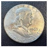 1963 Franklin Half Dollars - 3 Coins (1 Denver Mint 'D', 2 Philadelphia) - 90% Silver 1963 Franklin Half Dollars - 3 Coins (1 Denver Mint 'D', 2 Philadelphia) - 90% Silver