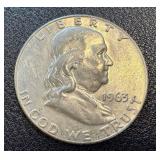 1963 Franklin Half Dollars - 3 Coins (1 Denver Mint 'D', 2 Philadelphia) - 90% Silver 1963 Franklin Half Dollars - 3 Coins (1 Denver Mint 'D', 2 Philadelphia) - 90% Silver