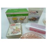 Stoneware platter ,various pretty plates, Butter warmer, Hor d