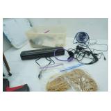 Sterilite Storage Container & Contents: food saver, mini fan, rubber bands, and more