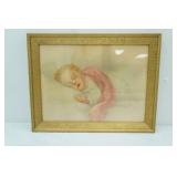 Vintage Framed Art Print Sleeping Baby 18"x14"