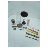 Vintage Parsons Sudsy Ammonia Bottle, Campbells Soup Coin Bank, Maxfli Miracle Whip Golf Balls, Vintage Pencils, Vintage Glass and Metal Floral Trays