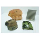 Camo Hats, Vintage Metal File Organizer, Wooden Pig Wall Hang