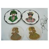 Vintage Ceramic Decorative Plates Felt and Fabric Portraits (1950s/1960s); Vintage 7" round cutout girl on plaster wall hangings