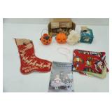 Antique/Vintage Tinker Toy Set, Christmas Stocking, LBJ fabric, Vintage Hopping Rabbit toy, jack-o-lanterns
