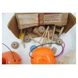 Antique/Vintage Tinker Toy Set, Christmas Stocking, LBJ fabric, Vintage Hopping Rabbit toy, jack-o-lanterns