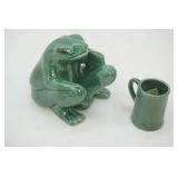 Vintage Green Ceramic "naughty" frog figurine. Novelty Barware. 1960s