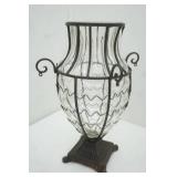 Decorative Caged Glass Wrought Iron Vase (has crack) 15" tall