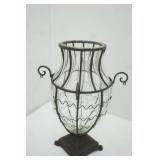 Decorative Caged Glass Wrought Iron Vase (has crack) 15" tall