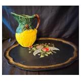 Vintage Olfaire Majolica-Style Ceramic Pitcher and Hand Painted Wooden Toleware Tray Vintage Olfaire Majolica-Style Ceramic Pitcher and Hand Painted Wooden Toleware Tray