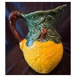 Vintage Olfaire Majolica-Style Ceramic Pitcher and Hand Painted Wooden Toleware Tray Vintage Olfaire Majolica-Style Ceramic Pitcher and Hand Painted Wooden Toleware Tray