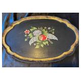 Vintage Olfaire Majolica-Style Ceramic Pitcher and Hand Painted Wooden Toleware Tray Vintage Olfaire Majolica-Style Ceramic Pitcher and Hand Painted Wooden Toleware Tray