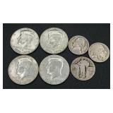 United States Coins - Standing Liberty Quarter, 1942 Jefferson Nickel, Buffalo Nickel and Four Bicentennial Kennedy Half Dollars United States Coins - Standing Liberty Quarter, 1942 Jefferson Nickel, Buffalo Nickel and Four Bicentennial Kennedy Half Dollars