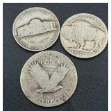 United States Coins - Standing Liberty Quarter, 1942 Jefferson Nickel, Buffalo Nickel and Four Bicentennial Kennedy Half Dollars United States Coins - Standing Liberty Quarter, 1942 Jefferson Nickel, Buffalo Nickel and Four Bicentennial Kennedy Half Dollars