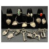 Sterling Silver .925 Rings, Charm Bracelets and 3 Charms Sterling Silver .925 Rings, Charm Bracelets and 3 Charms