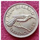 1943 New Zealand Silver 6 Pence Coin