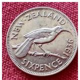 1936 New Zealand Silver 6 Pence Coin