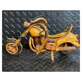 Hand-Carved Wooden Motorcycle Sculpture with Log Accents & Rope Detailing