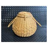 Round Wicker Basket with Lid - Vintage Sewing Kit with Spools & Notions