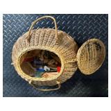 Round Wicker Basket with Lid - Vintage Sewing Kit with Spools & Notions