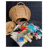 Round Wicker Basket with Lid - Vintage Sewing Kit with Spools & Notions