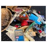 Round Wicker Basket with Lid - Vintage Sewing Kit with Spools & Notions