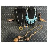 Turquoise & Wood Bead Jewelry Set - Necklaces, Bracelet, & Wooden Bird Figures
